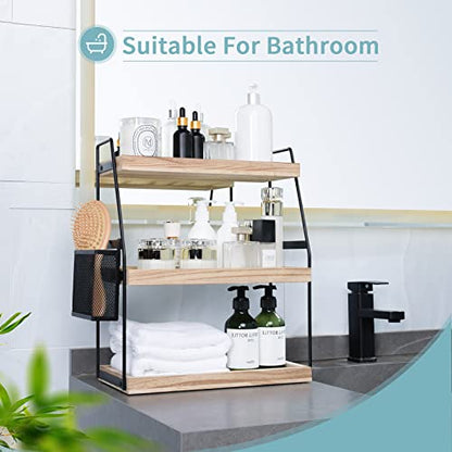 Bathroom Counter Organizer, 3-Tier Standing Storage Shelf with Basket, Wood Tray for Skincare Vanity Organizer - style: 3 Tier Brown
