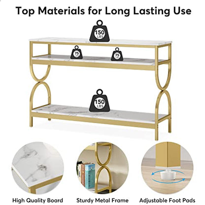 Tribesigns 3-Tier Console Table, 55 inch Sofa Table with Open Storage Shelves, Narrow Long Hallway/Entryway Table with Faux Marble Top for Home Living Room Entryway, White & Gold