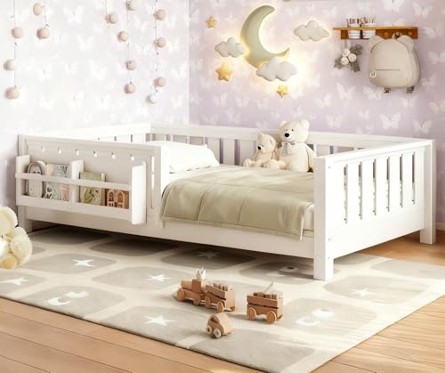 Bellemave Twin Low Platform Bed with Built-in Bookshelf Safety Guardrail, Twin Size Solid Wood Montessori Bed Frame for Kids, Boys, Girls, Easy Assemble (Twin,White,Bookshelf) - color: White, size: Twin-Bookshelf