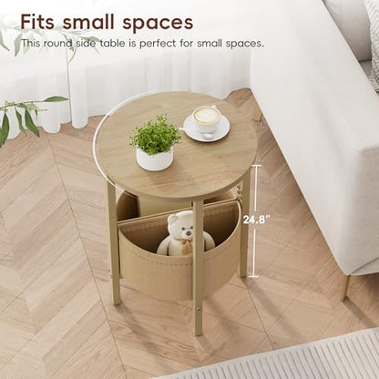 Vagusicc Small Round Side Table End Table, Tall Accent Table with Storage Basket, Set of 2 Half Round Tables Half Moon Tables, Coffee Bedside Tables, Modern Nightstand for Living Room Bedroom,Natural - color: Natural Walnut