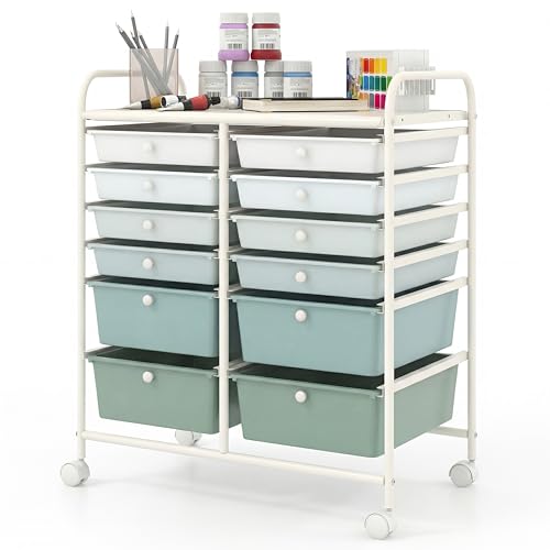 COSTWAY 12-Drawer Rolling Storage Cart, Moveable Art Craft Organizer | Lockable Wheels, Metal Shelf, Files Arrangement Tools Makeup Storage Cart for Office, Home, School (Green Gradient) - color: Green Gradient, size: 12 Drawer