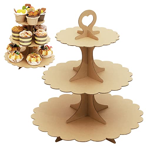 Cupcake Stand Brown 2-Pack, 3-Tier Kraft Paper DIY Paint Decorate Tower, Heart Handle Design, Rustic Party for Wedding Birthday Baby Shower, Easy 60s Assembly - color: Brown 2 Pack