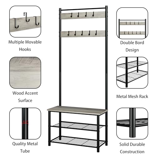 Hall Tree with Bench and Shoe Storage, 3-in-1 Coat Rack, Freestanding Wooden Coat Rack with Shoe Bench with Metal Frame, 3-Tier Storage Shelf and 9 Removable Hooks, Greige - color: Greige
