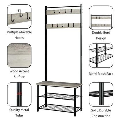 Hall Tree with Bench and Shoe Storage, 3-in-1 Coat Rack, Freestanding Wooden Coat Rack with Shoe Bench with Metal Frame, 3-Tier Storage Shelf and 9 Removable Hooks, Greige - color: Greige