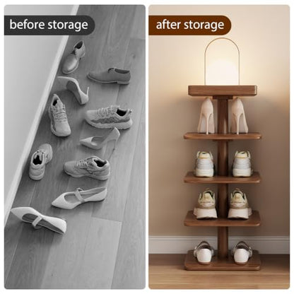 4-Tier Vertical Shoe Rack, Narrow Shoe Tower for Small Space - color: Walnut, size: 11.4"D x 10.8"W x 28.8"H