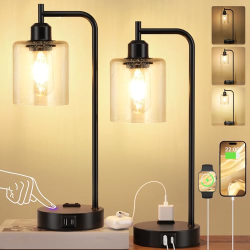 Industrial Touch Table Lamps for Bedrooms Set of 2 - 3-Way Dimmable Lamps with USB C+A Ports and Outlet, Black Bedside Lamps with Seeded Clear Glass Shade for Living Room, Desk Lamps for Home Office - color: F-Seeded Clear