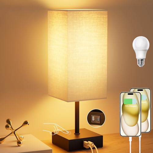 Bedside Table Lamp for Bedroom with 2 USB Ports, 14-Inch, Beige | USB A+C Ports, Touch 3-Way Dimmable LED Bulb Included Fabric Lampshade Metal Base Small Nightstand Lamp for Desk Living Room - color: Upgraded Beige, size: 1-Pack