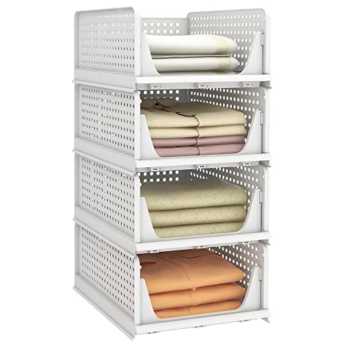 Pinkpum Stackable Plastic Storage Basket, Foldable Closet Organizers, Drawer Shelf Storage Container/Bins for Wardrobe Kitchen Bathroom Office Dorm, White, 4 Packs - color: White, size: 4 Pack L
