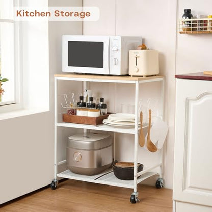 Rolling Kitchen Microwave Cart, 3 Tier Microwave Stand with Storage, Small Kitchen Island on Wheels, Wood and Mental Kitchen Shelf Rack, White Organizer for Living Room, Office, Balcony - color: White