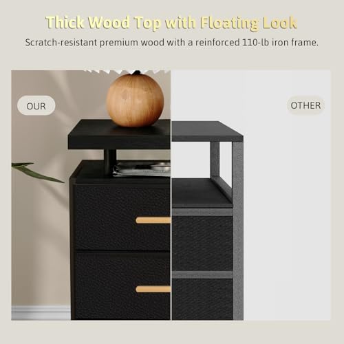 DreamDashio Night Stand with APP Control LED Lights, 3 Fabric Storage Drawers with PU Finish, Floating Top Design, Bedside Table with Open Shelf, End Table for Bedroom, Living Room, Office (Black) - color: Black