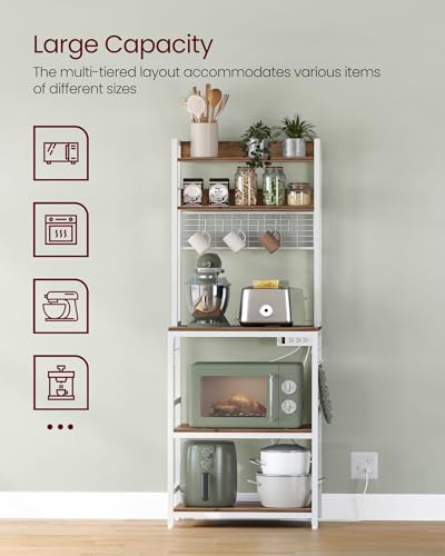 VASAGLE Bakers Rack with Power Outlet, Microwave Stand, Kitchen Tall Utility Storage Shelf, with Metal Wire Panel, 14 Hooks, 15.7 x 23.6 x 66.9 Inches, Rustic Walnut and Cloud White UKKS037W41 - color: Rustic Walnut + Cloud White, size: 23.6"W