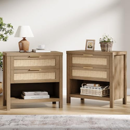 Eclatara Rattan Nightstands Set of 2, Farmhouse Bedside Table with 2 Drawers and Storage Shelf, Rattan Boho Accent Night Stands for Bedroom Large Space Sofa (2, Reclaimed Caramel Oak) - color: Caramel Oak (Large 2 Drawer)