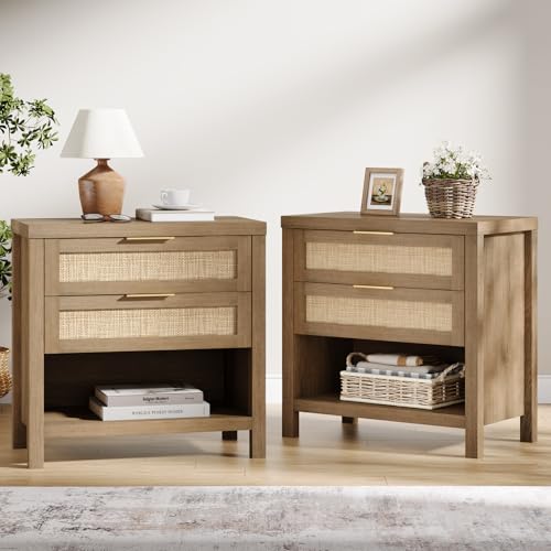 Eclatara Rattan Nightstands Set of 2, Farmhouse Bedside Table with 2 Drawers and Storage Shelf, Rattan Boho Accent Night Stands for Bedroom Large Space Sofa (2, Reclaimed Caramel Oak) - color: Caramel Oak (Large 2 Drawer)