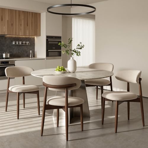 COLAMY Mid-Century Modern Wooden Dining Chair Set of 4, Indoor Upholstered Kitchen Chairs with 2.6" Cozy Padded Seat, Walnut Finish Side Dining Chair for Dining Room & Kitchen, Beige - color: Beige, size: 4 Chairs