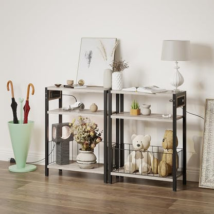 TRIFEBLE Narrow Side Table with Charging Station, Small End Table for Small Spaces, Slim Nightstand with Storage Basket, 3 Tier Skinny Bedside Table for Living Room, Bedroom, Greige - color: Greige, style: With Basket & Power
