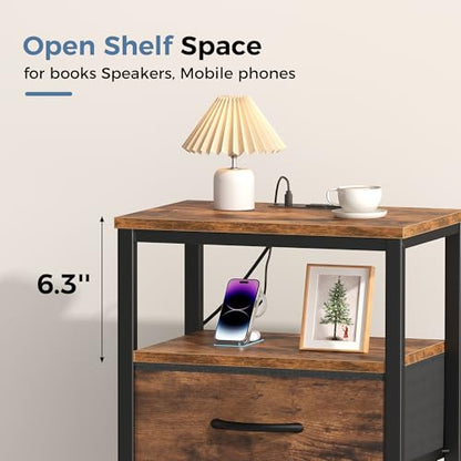 DUMOS Nightstand with Charging Station, Bedside Table with 1 USB-A, 1 USB-C & 2 AC Outlets, Fabric Drawer with Adjustable Open Shelf, Compact End Table for Bedroom, Rustic Brown - color: Rustic Brown, size: 15.7"Dx11.8"Wx23.4"H(1 Drawer, 1 Pack)