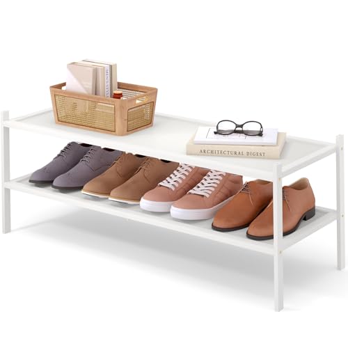 Smiry Bamboo Long Shoe Rack, 2 Tier Shoe Organizer for Closet, White | Stackable Shoe shelf for Entryway, Free Standing Storage for Shoes, Bags & Plants, with Solid Slab Shelves - color: White, size: 2 Tier-33.86" Wide