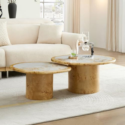 Curved Round Coffee Table Set of 2 with Sintered Stone Tabletop for Living Room, Modern Mid-Century Retro Pedestal Nesting Coffee Table, Burl Wood Veneer, Natural, 2-Pcs - color: 2-pcs-natural