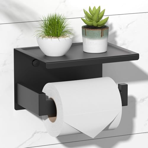 HITSLAM Toilet Paper Holder with Shelf, Stick on Matte Black Toilet Paper Roll Holder, Self Adhesive or Wall-Mount with Screws for Bathroom,Washroom - color: Black, size: Medium