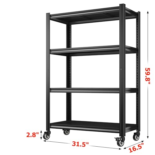 REIBII Rolling Storage Shelves Adjustable Shelf for Kitchen Office | 2080 LBS capacity,59.8" H x 31.5" W x 16.5" D,4 Tier,Black,Solid metal panels，360°wheels with lock,Boltless 10min assembly