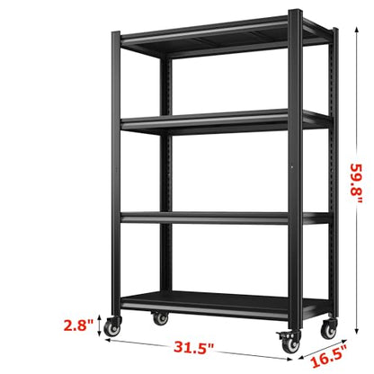 REIBII Rolling Storage Shelves Adjustable Shelf for Kitchen Office | 2080 LBS capacity,59.8" H x 31.5" W x 16.5" D,4 Tier,Black,Solid metal panels，360°wheels with lock,Boltless 10min assembly