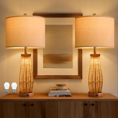 OYEARS 28" Table Lamps Set of 2 with Dual Night Lights, Bedside Lamps for Bedroom, Boho Lamp for Living Room, Rattan Table Lamp with Linen Shade, Farmhouse Lamp with Wood Grain Finish (Bulb Included) - color: Antique Brown