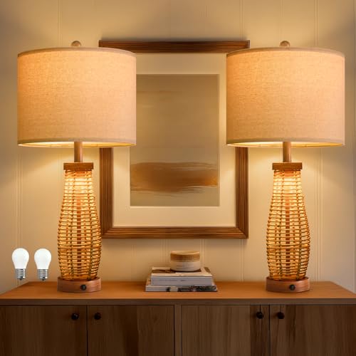 OYEARS 28" Table Lamps Set of 2 with Dual Night Lights, Bedside Lamps for Bedroom, Boho Lamp for Living Room, Rattan Table Lamp with Linen Shade, Farmhouse Lamp with Wood Grain Finish (Bulb Included) - color: Antique Brown