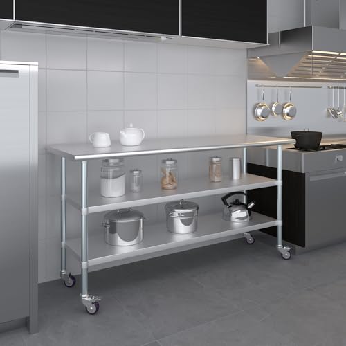AmGood Stainless Steel Work Table with 2 Shelves and Casters | Metal Utility Table On Wheels (Stainless Steel Work Table with 2 Shelves + Casters, 72" Long x 24" Deep) - size: 72" Long x 24" Deep