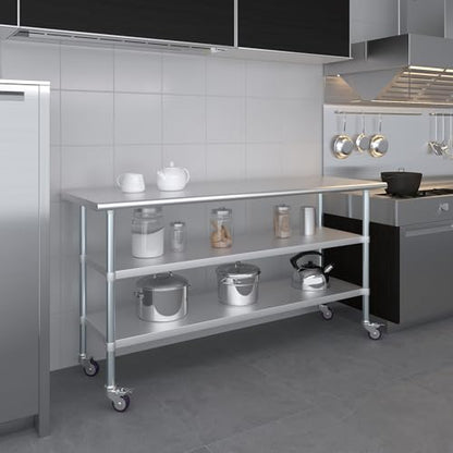 AmGood Stainless Steel Work Table with 2 Shelves and Casters | Metal Utility Table On Wheels (Stainless Steel Work Table with 2 Shelves + Casters, 72" Long x 24" Deep) - size: 72" Long x 24" Deep