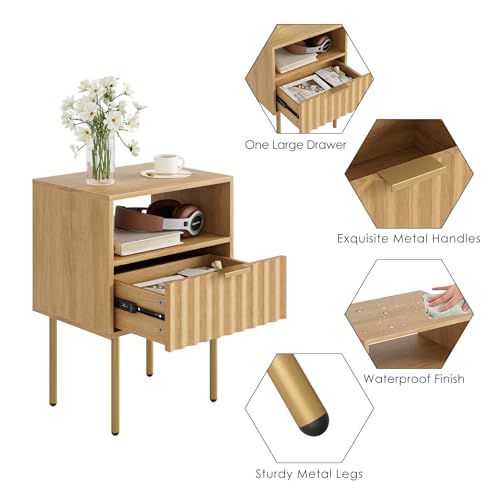 Night Stand,Modern Bedside Table with Drawer and Shelf,Light Oak Night Stand with Gold Frame,Small Side Table for Bedroom,Living Room - color: Oak Brown