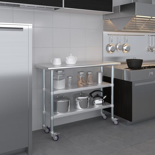 AmGood Stainless Steel Work Table with 2 Shelves and Casters | Metal Utility Table On Wheels (Stainless Steel Work Table with 2 Shelves + Casters, 48" Long x 18" Deep) - size: 48" Long x 18" Deep