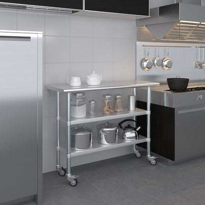 AmGood Stainless Steel Work Table with 2 Shelves and Casters | Metal Utility Table On Wheels (Stainless Steel Work Table with 2 Shelves + Casters, 48" Long x 18" Deep) - size: 48" Long x 18" Deep