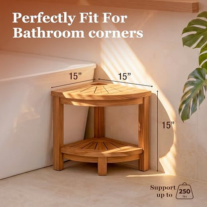 HOMESTEAD Teak Shower Stool with 2 Tier Storage Shelf, Compact Corner Shower Bench for Inside Shower, Bathroom Seat with Soap Holder, Shower Foot Rest and Shower Stool for Shaving Legs
