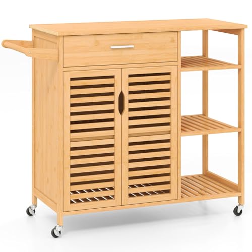 Bamboo Kitchen Island Cart with Storage, Rolling Butcher Block | Large Drawer, 2-Door Cabinet, 3-Tier Open Shelves, Towel Rack, Wheels Included; For Dining Room, Apartment, Small Spaces - size: 41”Lx16”Wx35”H