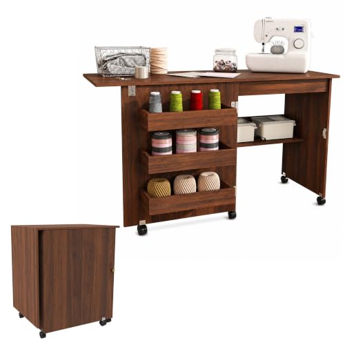HRVEOCEI 4-in-1 Folding Sewing Table with Storage, Sewing Desk Foldable with Lockable Wheels & Power Socket, Sewings Machine Cabinet & Craft Desk with Shelves, Compact Design (Walnut, 45 Inch) - color: Walnut, size: 45 Inch