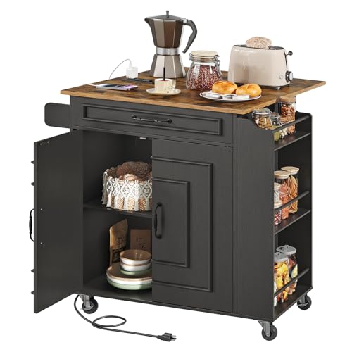 RALGEND Kitchen Island with Power Outlets & Drop Leaf, Rolling Kitchen Cart on Wheels, Kitchen Storage Island with Spice Rack and Drawer for Kitchen, Dinning Room, Black and Rustic Brown - color: Black + Rustic Brown