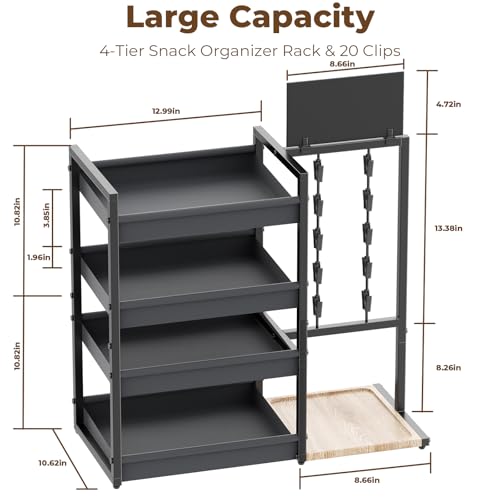 4-Tier Snack Organizer with 20 Clips, Snack Rack with Message Board | Modern Industrial Snack Cart for Kitchen Office Store Party Countertop, Matte Black Metal & Oxford Fabric Snack Storage