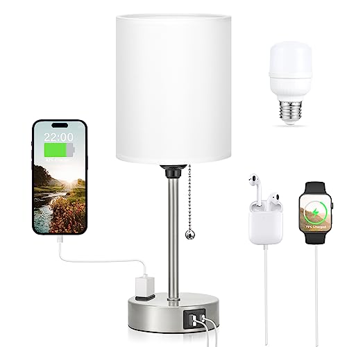 White Bedside Lamp for Bedroom - 3 Color Temperatures Desk Lamp with USB C and A Ports, Pull Chain Table Lamp with AC Outlet, Nightstand Lamp with Silver Metal Base for Kids Girls - color: White-Silver, size: 14.6 in