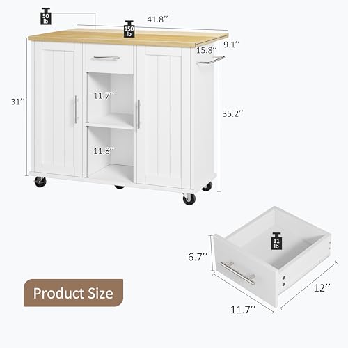 SUNLEI Island Table for Kitchen with Storage, Portable Kitchen Island Cart with Drop Leaf, Rolling Kitchen Island Table with Drawer, Cabinet & Towel Rack, Farmhouse Kitchen Island, White - style: White
