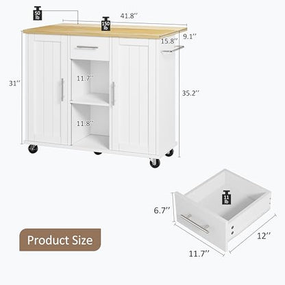 SUNLEI Island Table for Kitchen with Storage, Portable Kitchen Island Cart with Drop Leaf, Rolling Kitchen Island Table with Drawer, Cabinet & Towel Rack, Farmhouse Kitchen Island, White - style: White