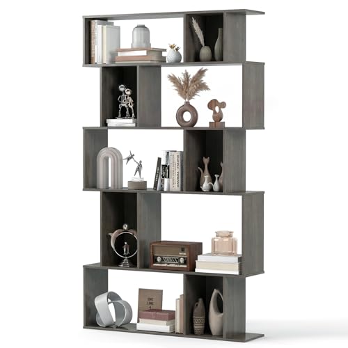 GOFLAME 5-Tier Geometric Bookshelf, 62” Tall Bookcase with 10 Open Back & Closed Back Cubes, Modern Display Book Shelf, S-Shaped Storage Organizer for Living Room, Home Office (1,Gray Oak) - color: Gray Oak