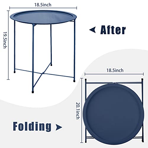 Garden 4 you End Table Metal Side Table Blue Round Folding Tray Cyan Sofa Small Accent Fold-able Table, Round End Table Tray, Next to Sofa Table, Snack Table for Living Room and Bed Room - color: Dark Blue