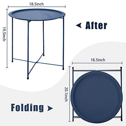 Garden 4 you End Table Metal Side Table Blue Round Folding Tray Cyan Sofa Small Accent Fold-able Table, Round End Table Tray, Next to Sofa Table, Snack Table for Living Room and Bed Room - color: Dark Blue