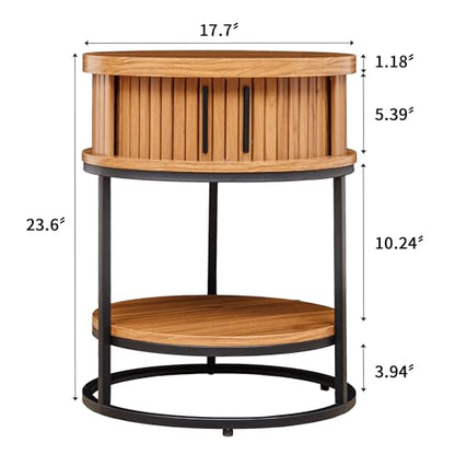 Turtle&Myrtle Small Round Side Table with Storage, 2-Tier Wooden End Table with Sliding Door and Shelf, Mid-Century Circle Nightstand for Living Room, Bedroom, Walnut, 2PC - style: Mid-Century Modern-2PC