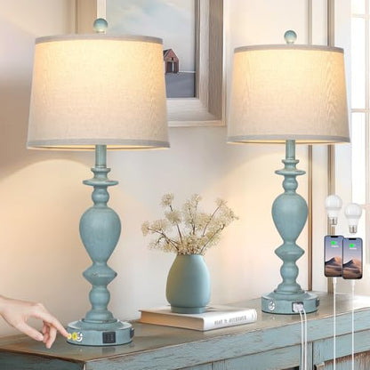Cinkeda 27.5" Coastal Table Lamp for Living Room Set of 2,Retro Blue Bedside Nightstand Lamps with USB C+A Ports & AC Outlet,3-Way Dimmable Touch Control Desk Lamp for Bedroom - color: Blue