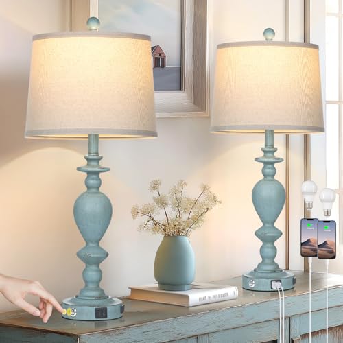 Cinkeda 27.5" Coastal Table Lamp for Living Room Set of 2,Retro Blue Bedside Nightstand Lamps with USB C+A Ports & AC Outlet,3-Way Dimmable Touch Control Desk Lamp for Bedroom - color: Blue
