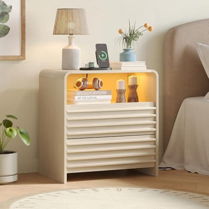 Fameill Fluted Nightstands,Nightstand with Charging Station,LED Night Stand with Two Drawers,Bedside Table with USB Ports and Outlets,Modern End Table for Bedroom (White) - color: White
