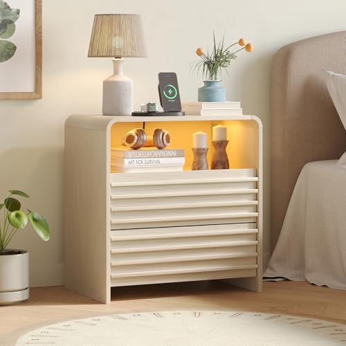 Fameill Fluted Nightstands,Nightstand with Charging Station,LED Night Stand with Two Drawers,Bedside Table with USB Ports and Outlets,Modern End Table for Bedroom (White) - color: White