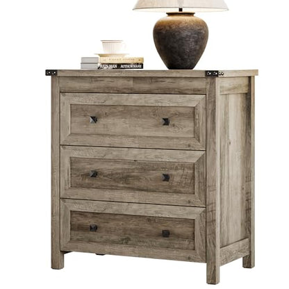 Xixini Farmhouse Nightstand with 3 Storage Drawers, 27.55" Wide Wood Bedside Table, Modern Side Table with Metal Handle, End Table for Bedroom, Grey - color: Grey