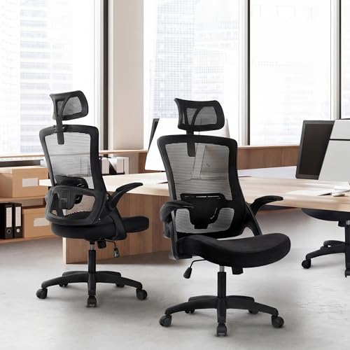 NEO CHAIR Office Desk Chair Gaming Computer High Back Support Mesh Comfy Seat with Adjustable Ergonomic Headrest Lumbar Rolling Flip-up Armrests and Wheels (Black) - color: Black